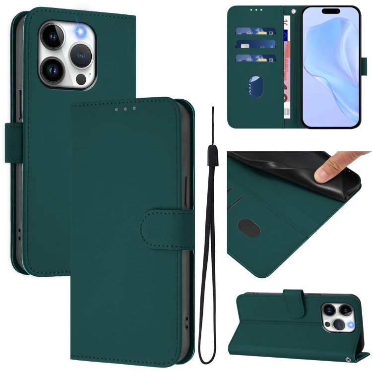 

For iPhone 14 Pro Skin Feel Solid Color Leather Phone Case with Lanyard(Dark Green)