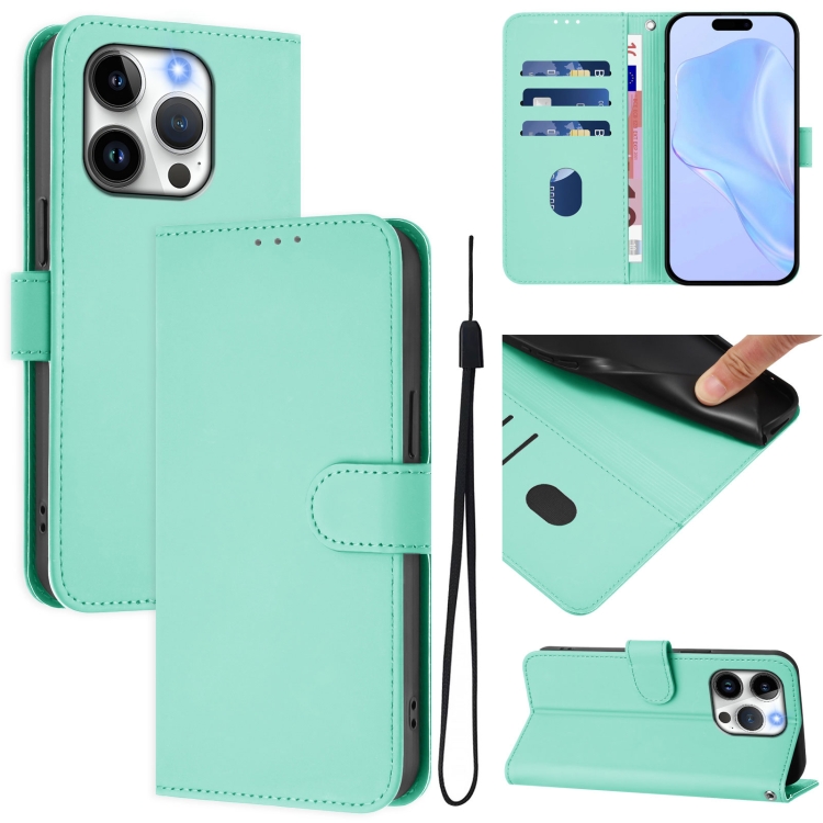 

For iPhone 14 Pro Skin Feel Solid Color Leather Phone Case with Lanyard(Mint Green)