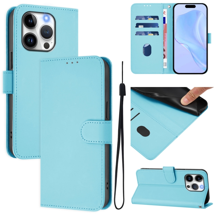 

For iPhone 14 Pro Skin Feel Solid Color Leather Phone Case with Lanyard(Sky Blue)