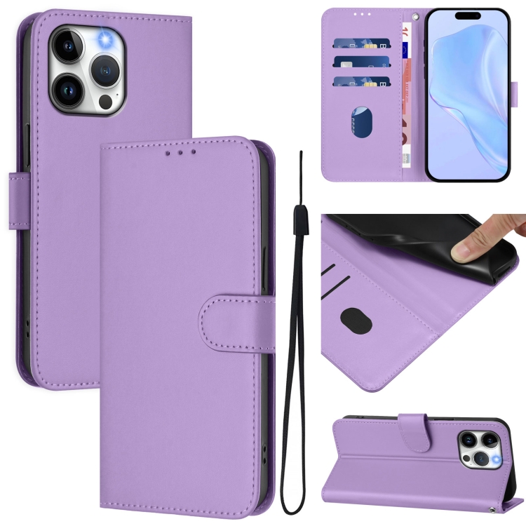

For iPhone 14 Pro Max Skin Feel Solid Color Leather Phone Case with Lanyard(Lavender Purple)