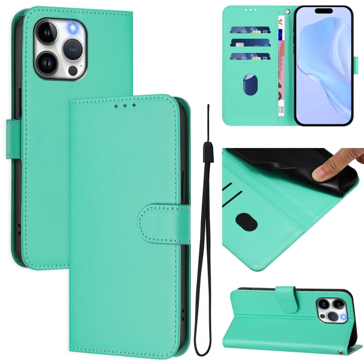 

For iPhone 14 Pro Max Skin Feel Solid Color Leather Phone Case with Lanyard(Green)