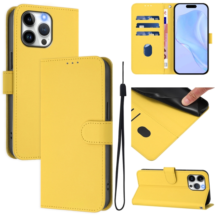 

For iPhone 14 Pro Max Skin Feel Solid Color Leather Phone Case with Lanyard(Lemon Yellow)
