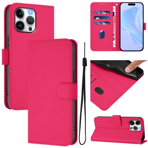 

For iPhone 14 Pro Max Skin Feel Solid Color Leather Phone Case with Lanyard(Rose Red)