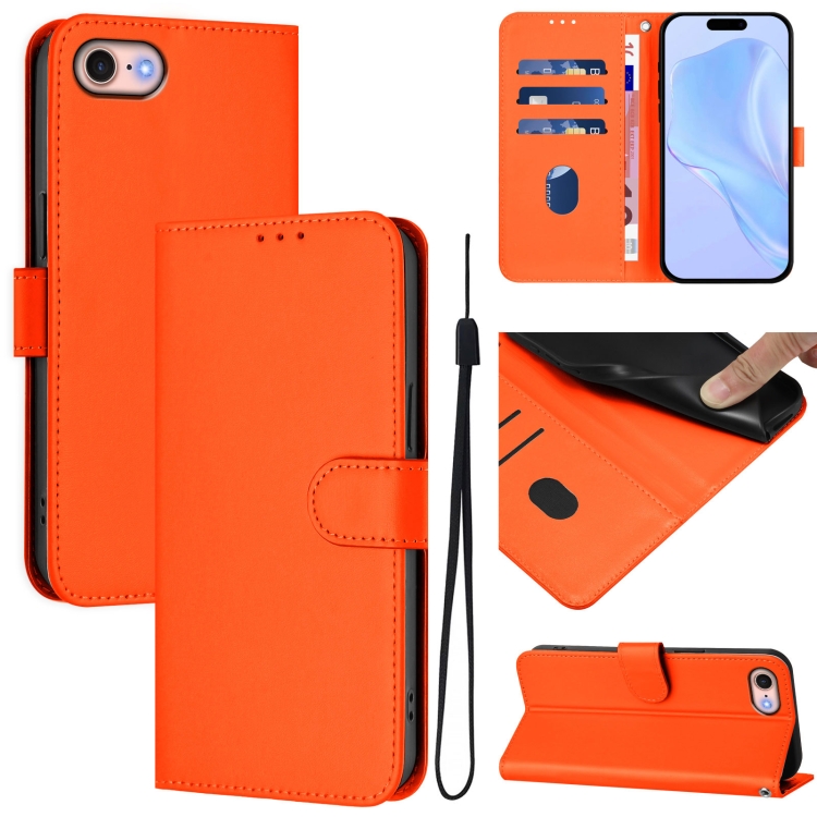 

For iPhone SE 2022 / 2020 Skin Feel Solid Color Leather Phone Case with Lanyard(Orange)
