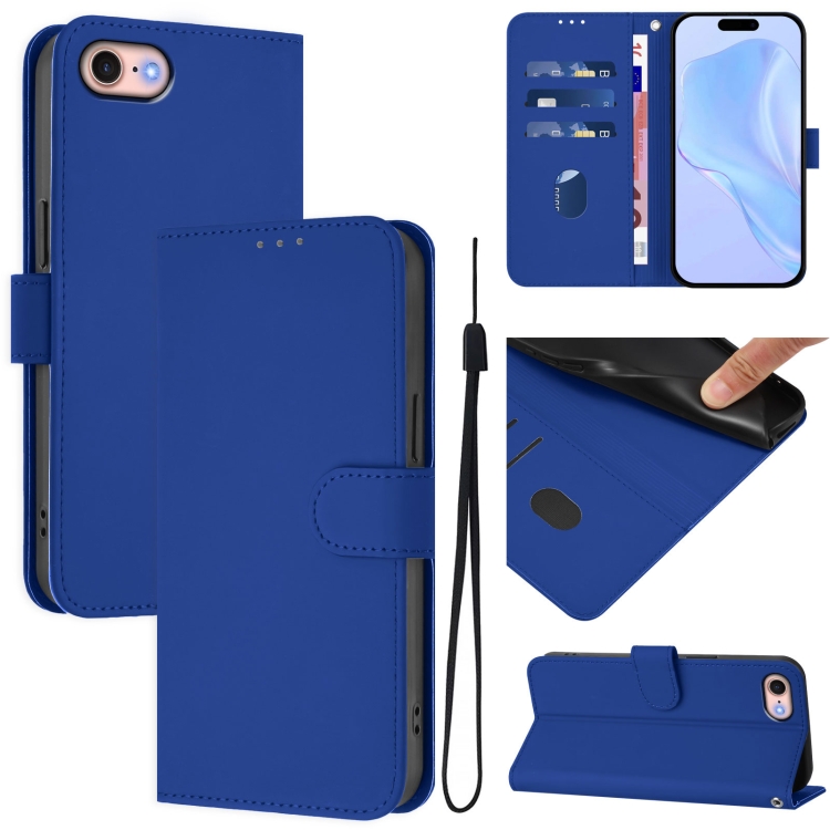 

For iPhone SE 2022 / 2020 Skin Feel Solid Color Leather Phone Case with Lanyard(Dark Blue)