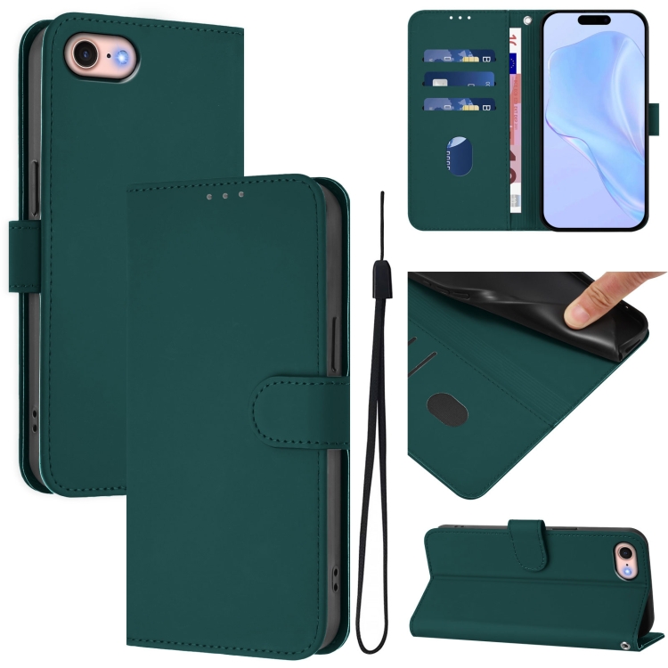 

For iPhone SE 2022 / 2020 Skin Feel Solid Color Leather Phone Case with Lanyard(Dark Green)