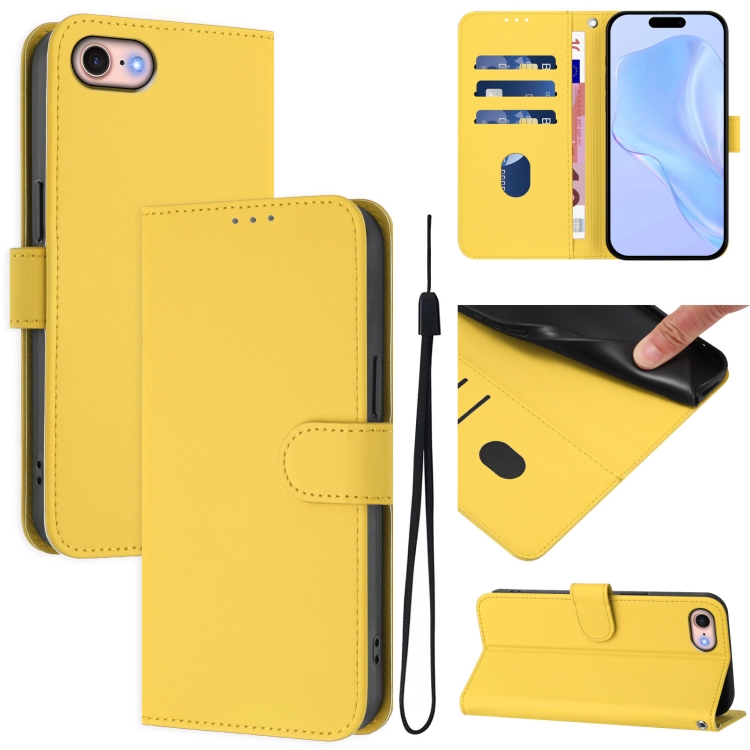 

For iPhone SE 2022 / 2020 Skin Feel Solid Color Leather Phone Case with Lanyard(Lemon Yellow)