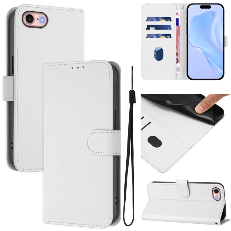

For iPhone SE 2022 / 2020 Skin Feel Solid Color Leather Phone Case with Lanyard(White)