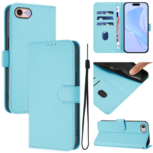 

For iPhone SE 2022 / 2020 Skin Feel Solid Color Leather Phone Case with Lanyard(Sky Blue)