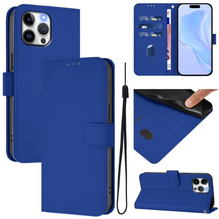 

For iPhone 13 Pro Max Skin Feel Solid Color Leather Phone Case with Lanyard(Dark Blue)