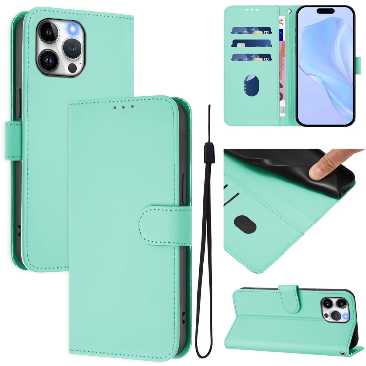 

For iPhone 13 Pro Max Skin Feel Solid Color Leather Phone Case with Lanyard(Mint Green)