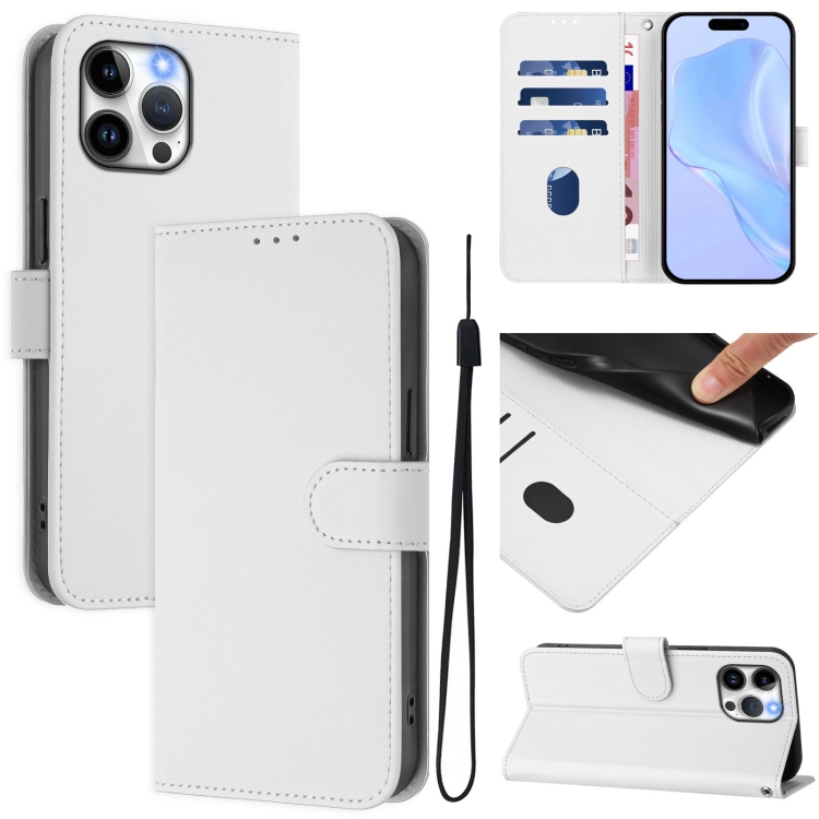 

For iPhone 13 Pro Max Skin Feel Solid Color Leather Phone Case with Lanyard(White)