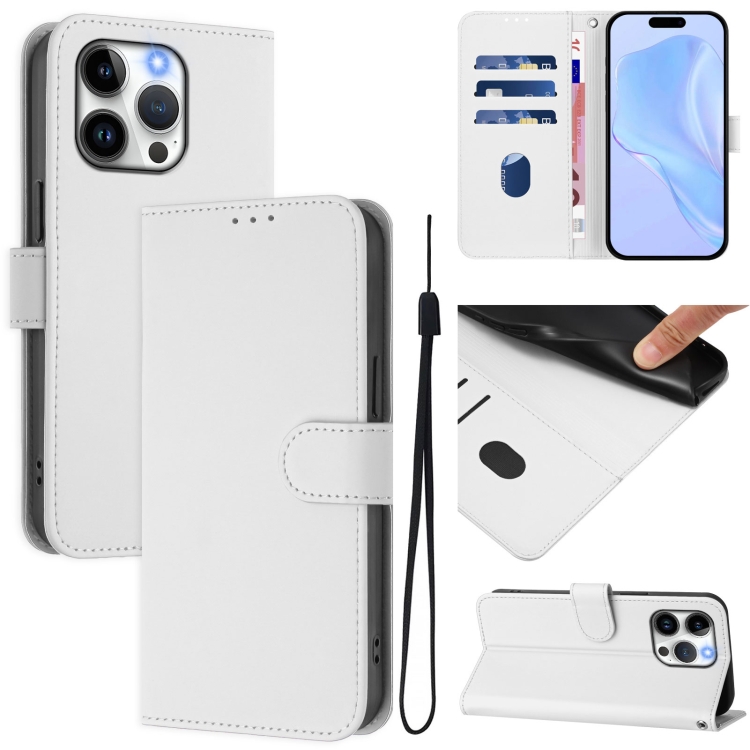 

For iPhone 13 Pro Skin Feel Solid Color Leather Phone Case with Lanyard(White)