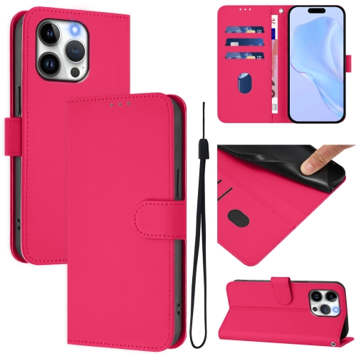 

For iPhone 13 Pro Skin Feel Solid Color Leather Phone Case with Lanyard(Rose Red)