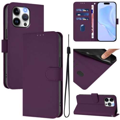 

For iPhone 13 Pro Skin Feel Solid Color Leather Phone Case with Lanyard(Violet)