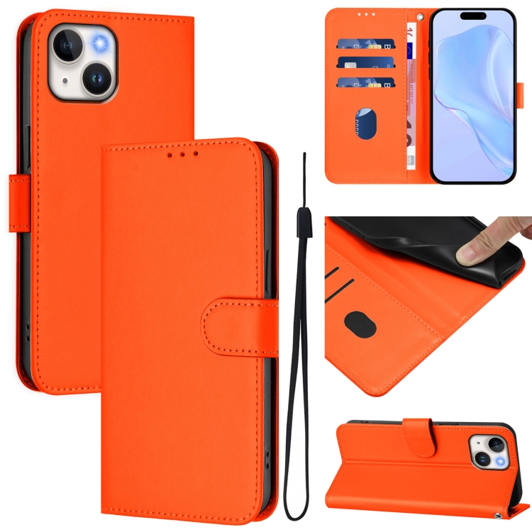 

For iPhone 13 mini Skin Feel Solid Color Leather Phone Case with Lanyard(Orange)