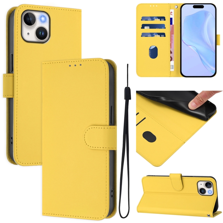 

For iPhone 13 mini Skin Feel Solid Color Leather Phone Case with Lanyard(Lemon Yellow)