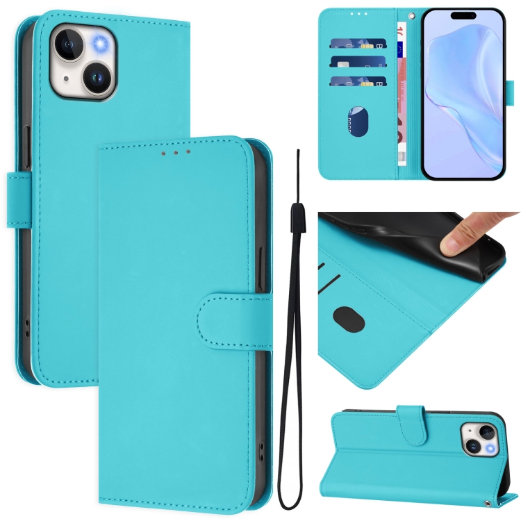 

For iPhone 13 mini Skin Feel Solid Color Leather Phone Case with Lanyard(Lake Blue)