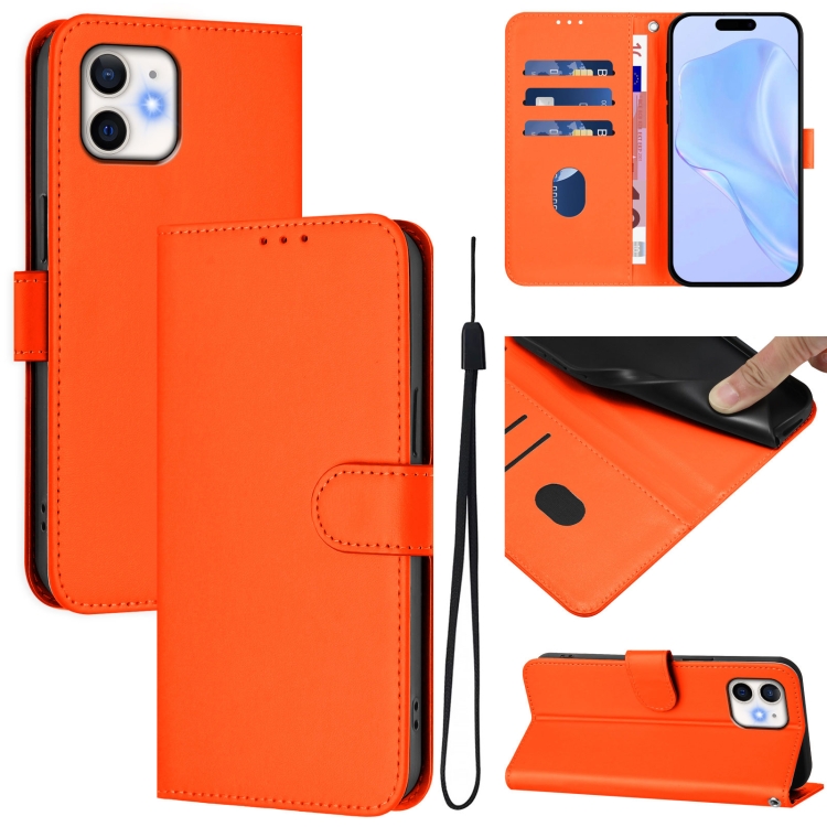

For iPhone 12 / 12 Pro Skin Feel Solid Color Leather Phone Case with Lanyard(Orange)
