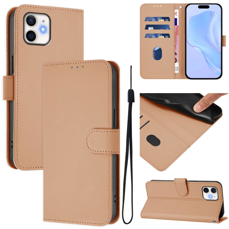 

For iPhone 12 / 12 Pro Skin Feel Solid Color Leather Phone Case with Lanyard(Nude)