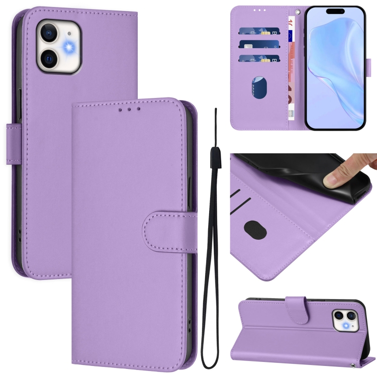 

For iPhone 12 / 12 Pro Skin Feel Solid Color Leather Phone Case with Lanyard(Lavender Purple)