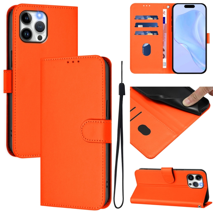 

For iPhone 12 Pro Max Skin Feel Solid Color Leather Phone Case with Lanyard(Orange)