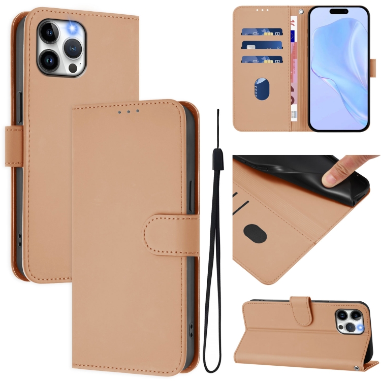 

For iPhone 12 Pro Max Skin Feel Solid Color Leather Phone Case with Lanyard(Nude)