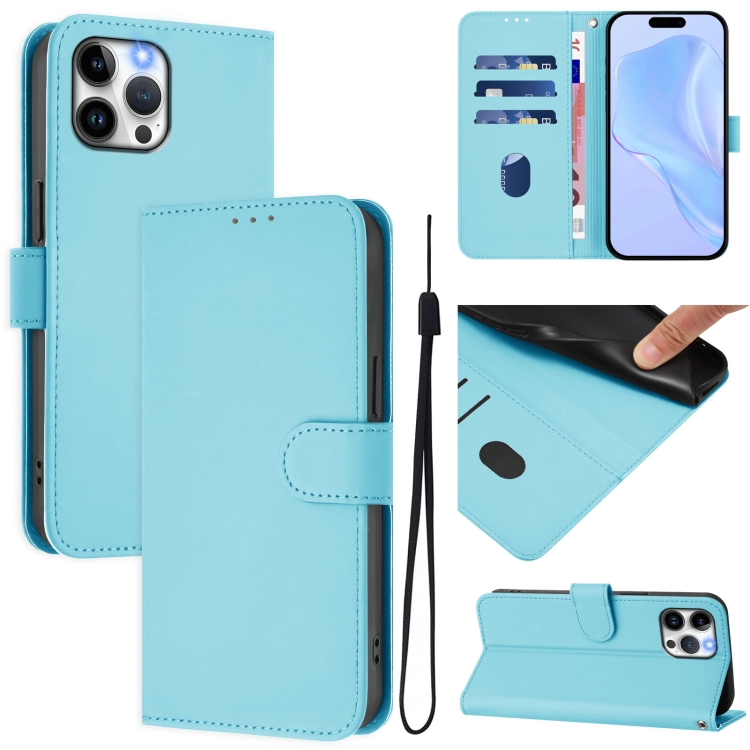 

For iPhone 12 Pro Max Skin Feel Solid Color Leather Phone Case with Lanyard(Sky Blue)
