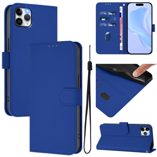 

For iPhone 11 Pro Max Skin Feel Solid Color Leather Phone Case with Lanyard(Dark Blue)