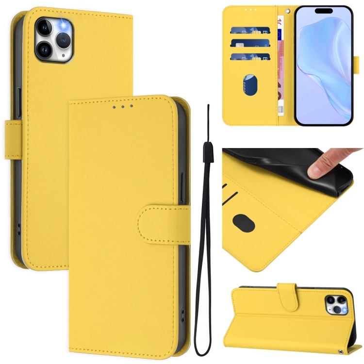 

For iPhone 11 Pro Max Skin Feel Solid Color Leather Phone Case with Lanyard(Lemon Yellow)