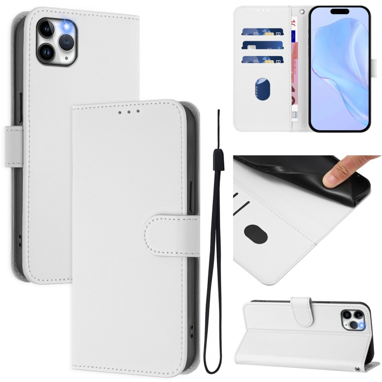 

For iPhone 11 Pro Max Skin Feel Solid Color Leather Phone Case with Lanyard(White)
