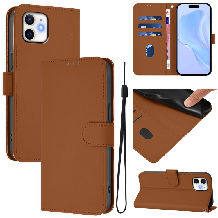 

For iPhone 11 Skin Feel Solid Color Leather Phone Case with Lanyard(Brown)