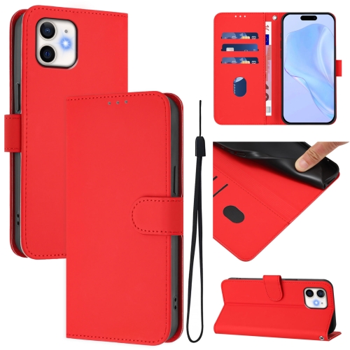 

For iPhone 11 Skin Feel Solid Color Leather Phone Case with Lanyard(Red)