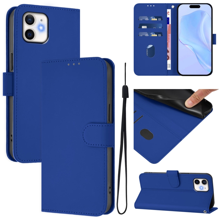 

For iPhone 11 Skin Feel Solid Color Leather Phone Case with Lanyard(Dark Blue)