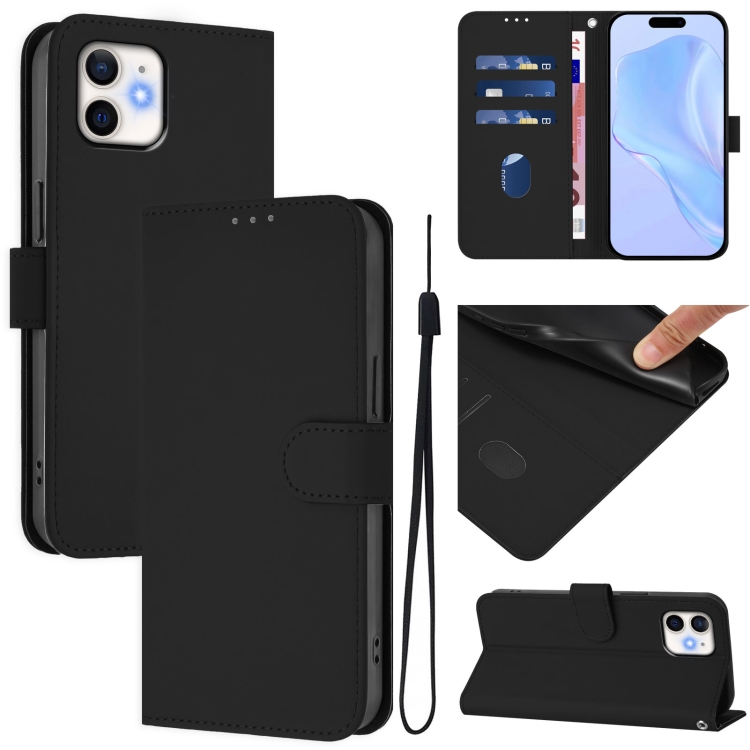 

For iPhone 11 Skin Feel Solid Color Leather Phone Case with Lanyard(Black)