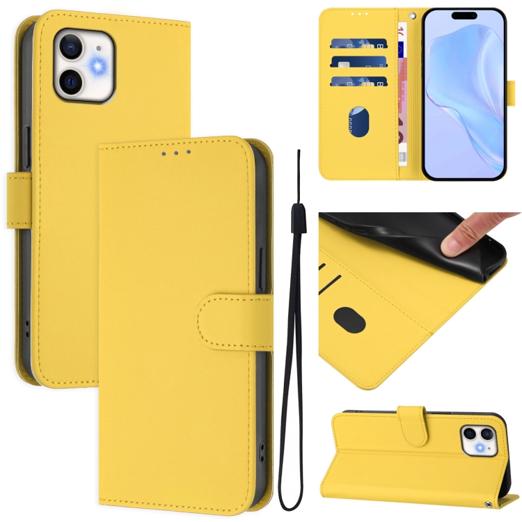 

For iPhone 11 Skin Feel Solid Color Leather Phone Case with Lanyard(Lemon Yellow)