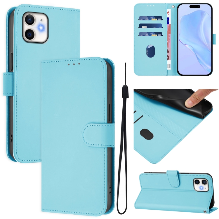 

For iPhone 11 Skin Feel Solid Color Leather Phone Case with Lanyard(Sky Blue)