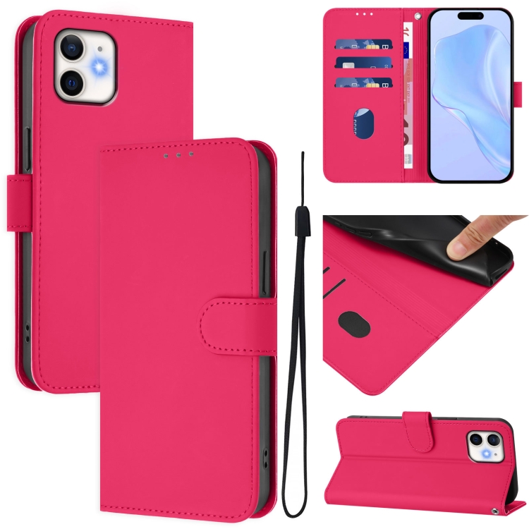 

For iPhone 11 Skin Feel Solid Color Leather Phone Case with Lanyard(Rose Red)