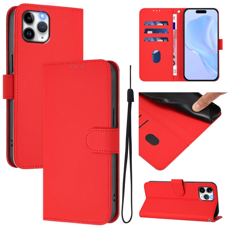 

For iPhone 11 Pro Skin Feel Solid Color Leather Phone Case with Lanyard(Red)