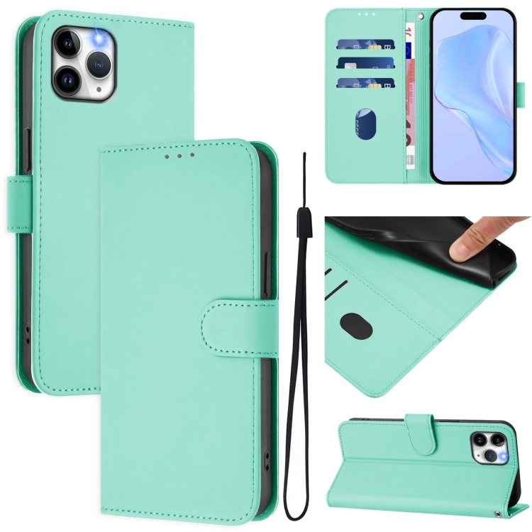 

For iPhone 11 Pro Skin Feel Solid Color Leather Phone Case with Lanyard(Mint Green)