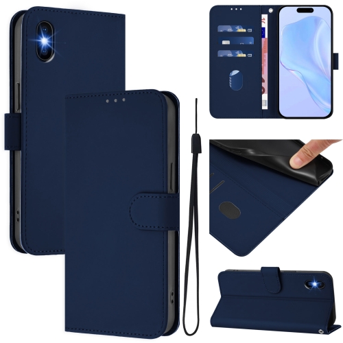 

For iPhone XS / X Skin Feel Solid Color Leather Phone Case with Lanyard(Navy Blue)