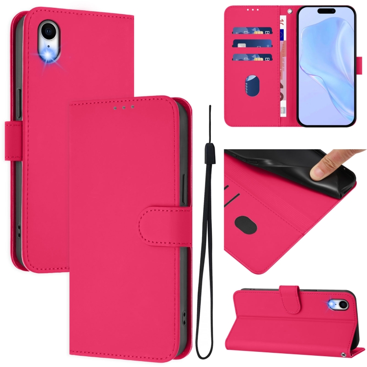 

For iPhone XR Skin Feel Solid Color Leather Phone Case with Lanyard(Rose Red)