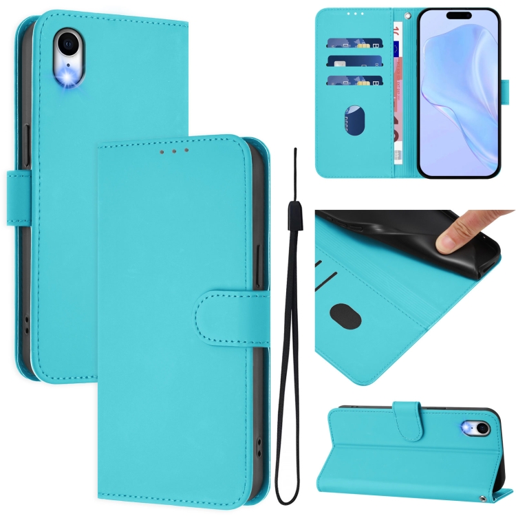 

For iPhone XR Skin Feel Solid Color Leather Phone Case with Lanyard(Lake Blue)
