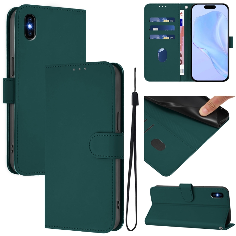 

For iPhone XS Max Skin Feel Solid Color Leather Phone Case with Lanyard(Dark Green)