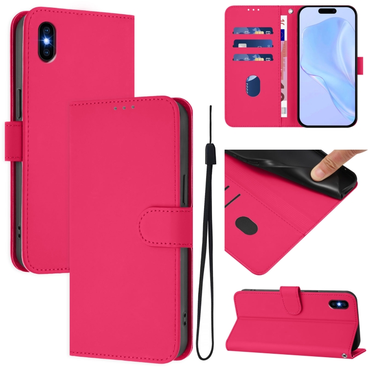 

For iPhone XS Max Skin Feel Solid Color Leather Phone Case with Lanyard(Rose Red)