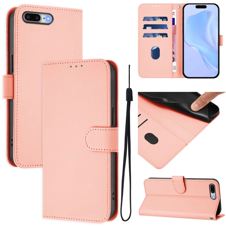 

For iPhone 8 Plus / 7 Plus Skin Feel Solid Color Leather Phone Case with Lanyard(Pink)
