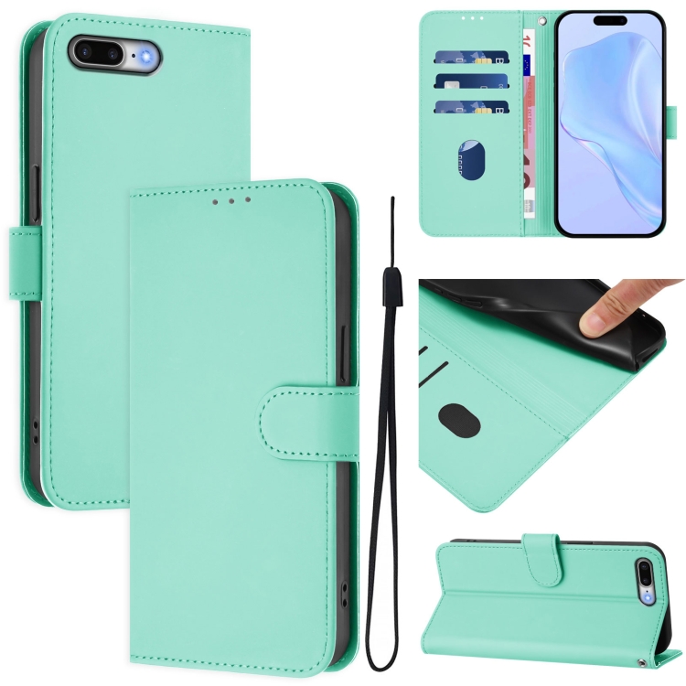 

For iPhone 8 Plus / 7 Plus Skin Feel Solid Color Leather Phone Case with Lanyard(Mint Green)