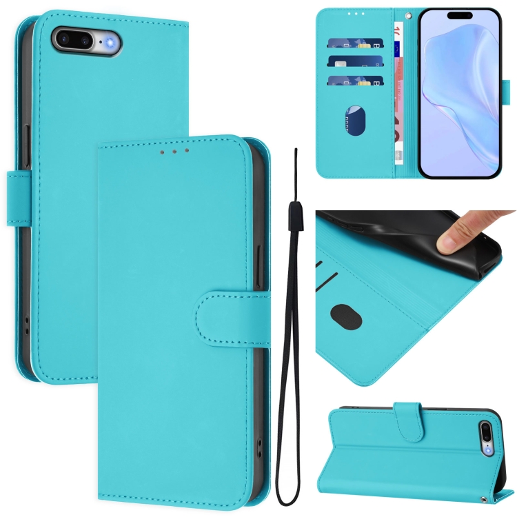 

For iPhone 8 Plus / 7 Plus Skin Feel Solid Color Leather Phone Case with Lanyard(Lake Blue)