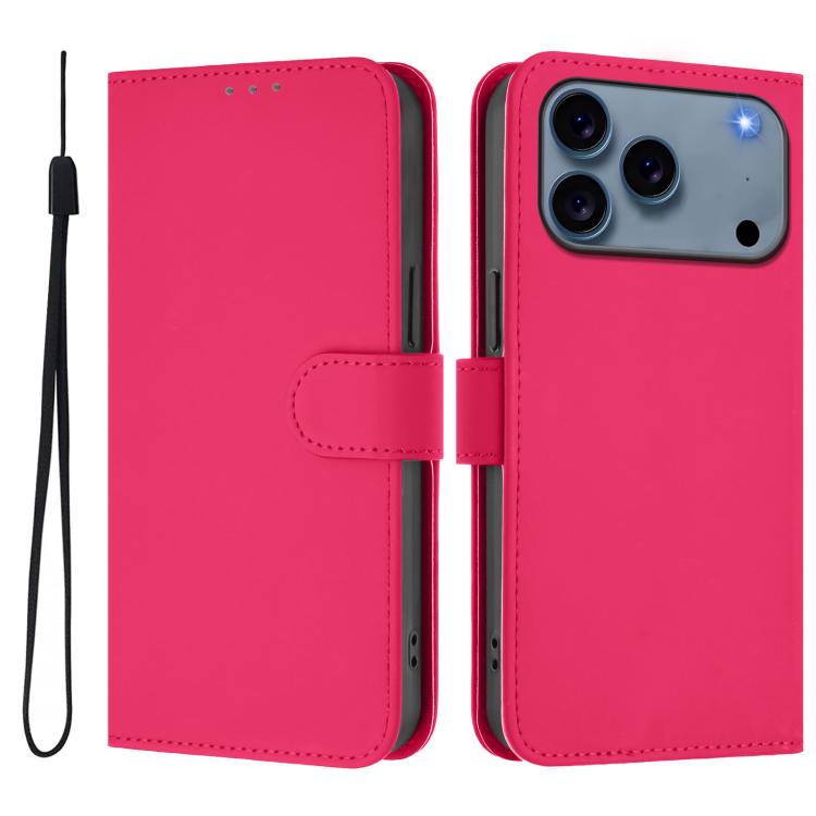 

For iPhone 17 Pro Skin Feel Solid Color Leather Phone Case with Lanyard(Rose Red)