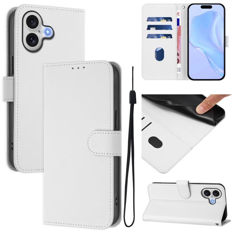 

For iPhone 17 Skin Feel Solid Color Leather Phone Case with Lanyard(White)